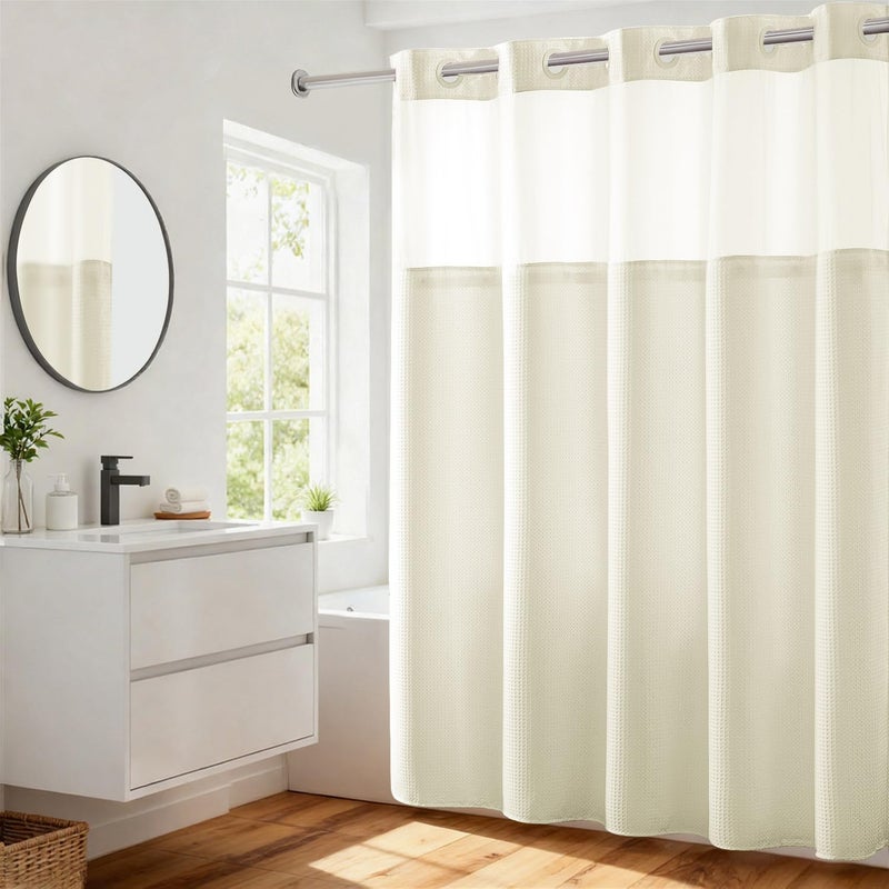 River Dream Heavyweight No Hooks Required Dotted Waffle Weave Shower Curtain with Snap in Liner - 71W x 74H,Hotel Grade,Spa Like Bath Curtain,Cream - Image 1